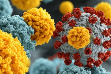 Aufkleber - Visualization of viral particles interacting with host cells under microscopic conditions