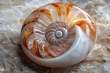 Poster - Beautiful nautilus shell resting on marble surface showcasing intricate patterns and colors
