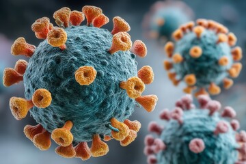Aufkleber - Detailed view of a virus particle with spike proteins under a microscope in a laboratory setting