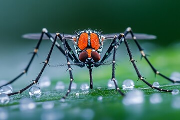 Poster - Close-up view of a mosquito with vibrant colors on a dew-covered leaf in a natural setting