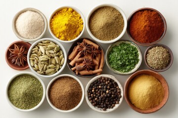 Poster - Diverse collection of spices and herbs displayed in bowls on a white surface for culinary inspiration and flavor enhancement