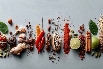 Poster - Colorful arrangement of spices and herbs on a gray surface showcasing culinary diversity and flavor