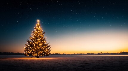 Aufkleber - A tall Christmas tree adorned with lights and ornaments stands proudly in a city park, surrounded by a serene winter landscape beneath a star-filled sky