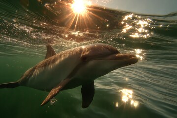 Poster - Dolphin swimming gracefully under sunlight in clear ocean waters during afternoon