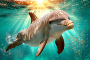 Poster - Majestic dolphin swimming gracefully beneath sunlit waves with vibrant underwater life in the background