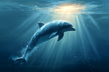 Poster - Dolphin swimming gracefully in sunlit ocean water during midday
