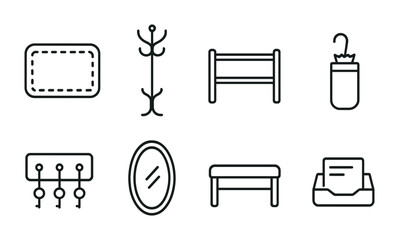 Poster - Home decor minimalist icon set in linear style: coat rack, umbrella, mirror & more