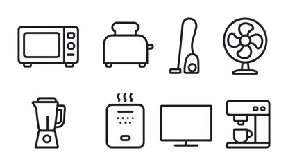 Poster - Essential home appliances linear icon set: simple outlined kitchen and household items