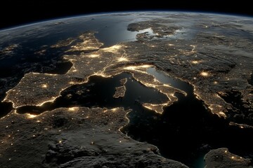 Poster - View of Europe at night from space showing city lights and geographical features