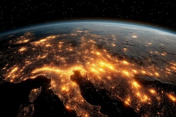 Aufkleber - Nighttime view of Europe showcasing city lights over the landscape from space