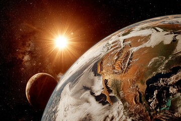 Poster - View of Earth from space with the sun rising over the horizon and a distant planet in the background