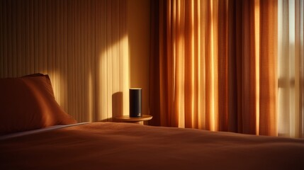 Poster - A tranquil bedroom features cinnamon-hued walls and a soft brown duvet, enhanced by the warm glow of a bedside lamp in a minimalist setting