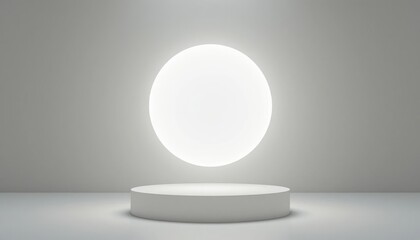 Poster - Floating light sphere display on minimalist platform in modern studio environment conceptual art presentation