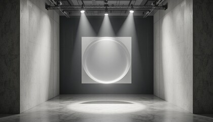 Poster - Art exhibition featuring minimalist circle sculpture in modern gallery indoor space contemporary design spotlighted perspective