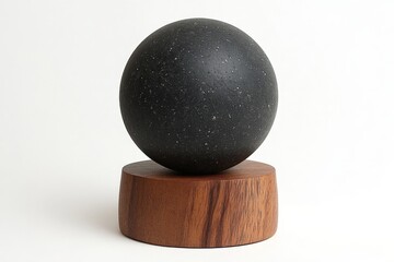 Poster - Elegant black sphere sculpture on wooden base showcasing modern design and craftsmanship