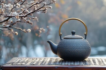 Poster - Elegant teapot rests on a woven mat among frost-covered branches during a serene morning in a peaceful garden setting