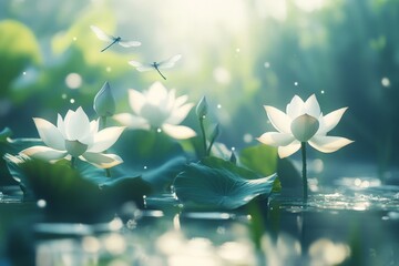 Poster - Lotus flowers bloom in serene water garden surrounded by gentle dragonflies during soft morning light