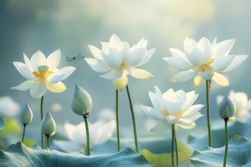 Poster - Beautiful white lotus flowers bloom in a serene pond at sunrise, surrounded by lush green leaves and gentle mist