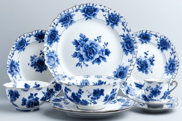 Poster - Elegant blue and white porcelain dinnerware set displayed beautifully on a neutral backdrop