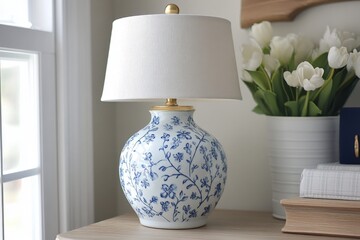 Aufkleber - Elegant decorative lamp with floral design and soft shade in bright room with fresh flowers