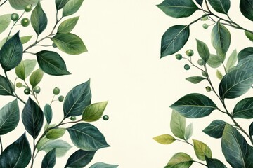 Aufkleber - Leafy botanical illustration creating a serene backdrop with various shades of green and soft highlights in a minimalist design