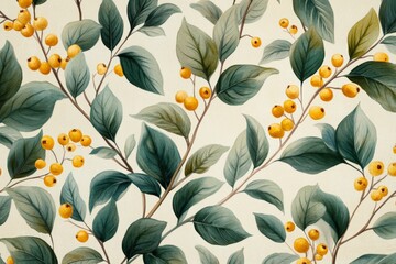 Aufkleber - Colorful botanical pattern featuring green leaves and yellow berries on a light background