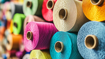 Poster - Colorful spools of thread arranged in vibrant display Generative AI