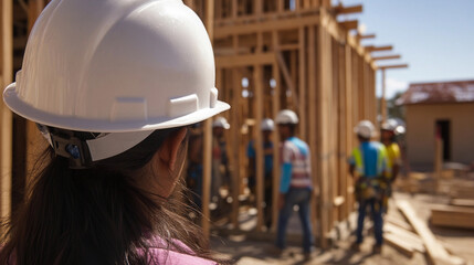 Poster - Construction worker observing team at building site Generative AI