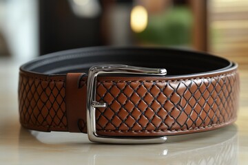 Poster - High-quality braided leather belt with silver buckle on polished surface