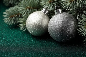 Poster - Silver glitter ornaments surrounded by evergreen branches for festive holiday decoration