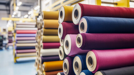 Poster - Vibrant fabric rolls stacked in a textile workshop Generative AI