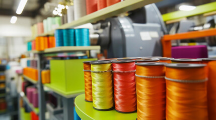 Poster - Vibrant spools of thread arranged in creative workspace Generative AI