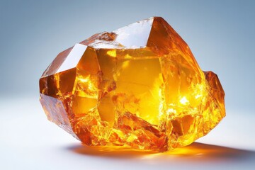 Poster - Bright amber crystal sparkling in warm light on a simple background highlighting its unique shape and color