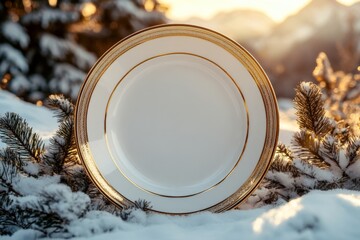 Poster - Elegant empty plate displayed on snowy ground among pine branches at sunset in winter wonderland