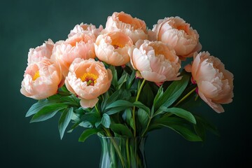 Poster - Beautiful bouquet of peach peonies arranged in a clear vase against a dark background