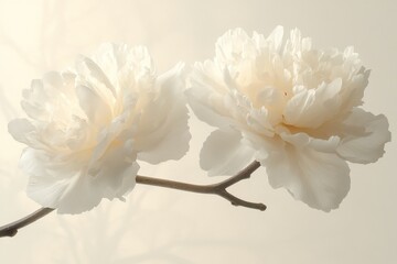 Poster - White peonies blooming on a delicate branch in soft natural light, highlighting their elegance and beauty in a serene setting
