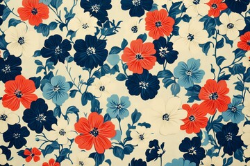 Poster - Floral pattern featuring red, blue, and white flowers on a light background with a detailed design