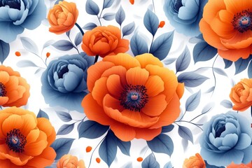 Aufkleber - Colorful floral pattern featuring orange and blue flowers with delicate leaves on a light background