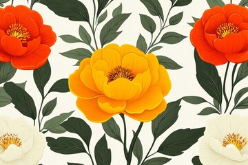 Aufkleber - Vibrant floral pattern featuring red, orange, yellow, and white flowers with green leaves on a light background