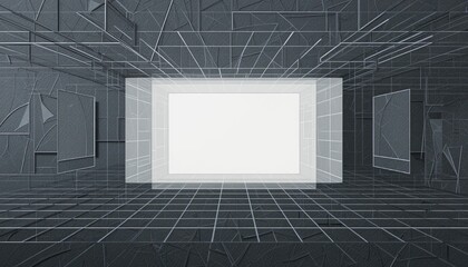 Poster - Futuristic digital display installation modern art gallery 3d visualization abstract environment wide angle perspective creative concept for digital art enthusiasts
