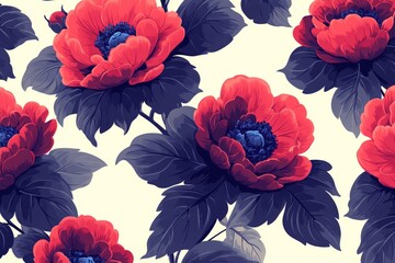 Aufkleber - Bold floral pattern featuring vibrant red peonies with dark green leaves against a light background