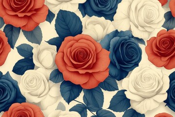 Aufkleber - Floral pattern featuring red, white, and blue roses with green leaves on a soft background
