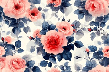 Aufkleber - Beautiful floral design featuring blooming roses in shades of pink and blue against a light background
