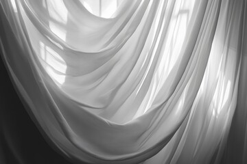 Poster - Soft white curtains gently draping in the sunlight filtering through a window on a serene morning