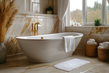 Poster - Elegant bathroom with freestanding tub and natural decor creating a serene atmosphere for relaxation