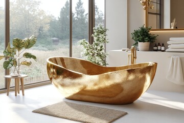 Poster - Luxurious gold bathtub in a bright, modern bathroom setting surrounded by greenery and natural light