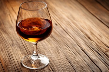Poster - Elegant glass of amber liquid resting on rustic wooden table in warm light