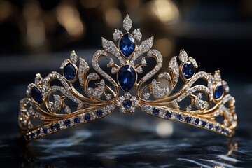 Aufkleber - Elegant golden tiara adorned with sapphires and diamonds displayed on sleek marble surface in soft lighting