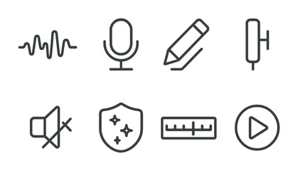 Poster - Minimalist multimedia line icons set: sound, microphone, pencil, phone, mute, shield, ruler, play