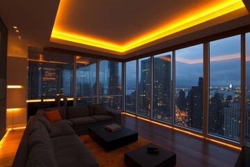 Aufkleber - Stylish living room features a plush gray sectional, sleek coffee table, and panoramic city views, all enhanced by soft lighting during twilight hours